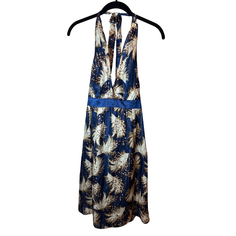 Laundry by Shelli Segal Navy Gold Silk Metallic Feather Halter Dress S 2 Wedding